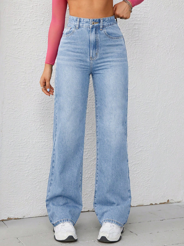 Light blue high-waisted straight-leg jeans for women