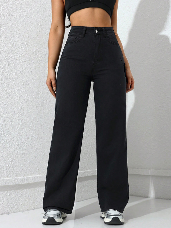 Dark black high-waisted straight-leg jeans for women