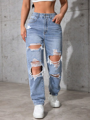 Light medium blue ripped denim pants